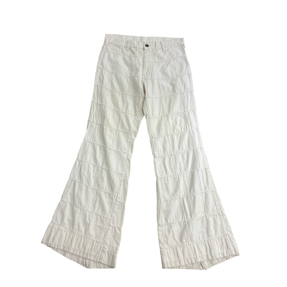 Vintage Cream Patchwork Grid Flare Pants High Waisted Wide Leg Boho Canvas
